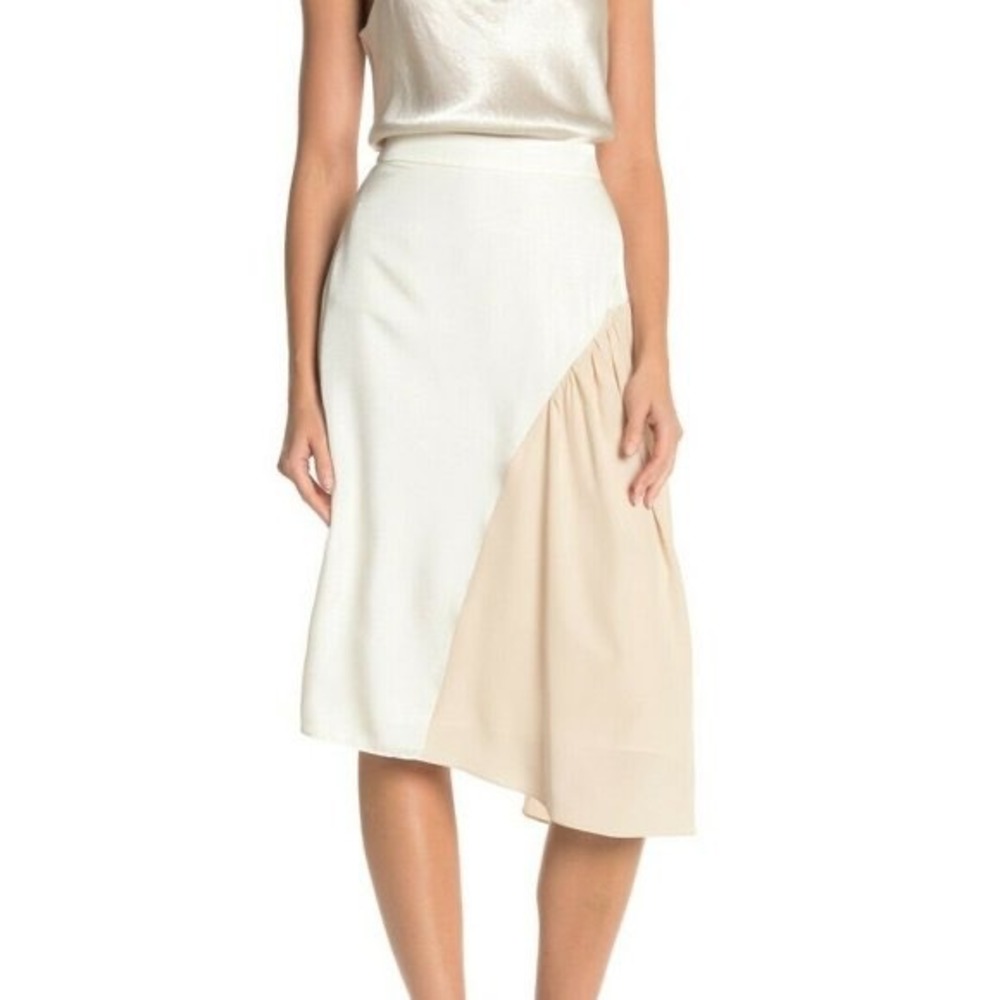 Tibi White Sand Silk Asymmetric Drape Midi Skirt Size 8 Colorblock Modernist